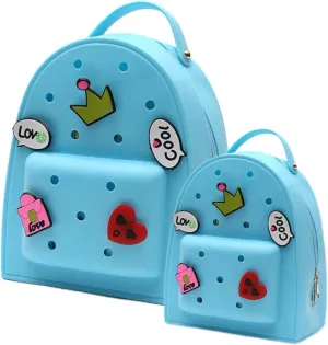 Cute Silicone Jelly Mini Backpack (2 Sizes) for Women Boys & Girls, Water-Resistant Lightweight Bag for Pool, Beach, Gym, Customizable Charms, Easy Clean (Blue, Small Large)