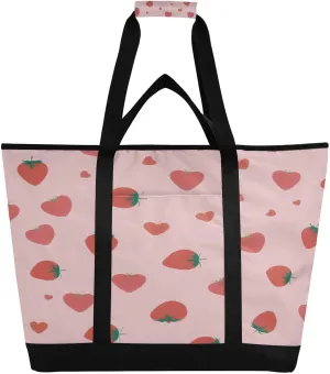 Cute Strawberry Reusable Insulated Lunchbox Cooler Bag, Leakproof Kitchen Grocery Bag Collapsible Portable Cooler Tote Bag for Picnic, Camping, Office, Travel