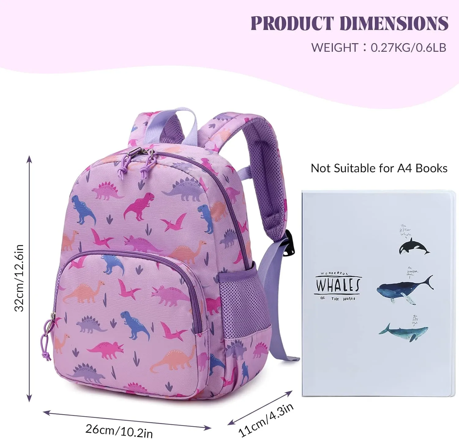 Cute Toddler Preschool Backpack Lady Dinosaur School Book Bag for Girls, Baby Girls Kids Child Kindergarten Nursery Travel Bag with Chest Strap Purple