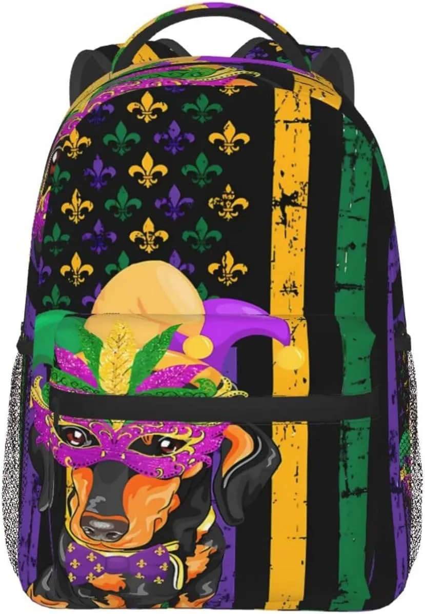 Dachshund Mardi Gras American Flag Backpack Casual Laptop Backpack Lightweight Double Shoulder Bag Travel Daypack For Women Men