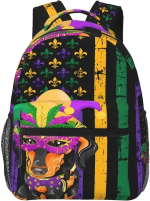 Dachshund Mardi Gras American Flag Backpack Casual Laptop Backpack Lightweight Double Shoulder Bag Travel Daypack For Women Men