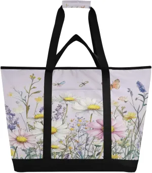Daisy Butterfly Reusable Insulated Lunchbox Cooler Bag, Leakproof Kitchen Grocery Bag Collapsible Portable Cooler Tote Bag for Picnic, Camping, Office, Travel