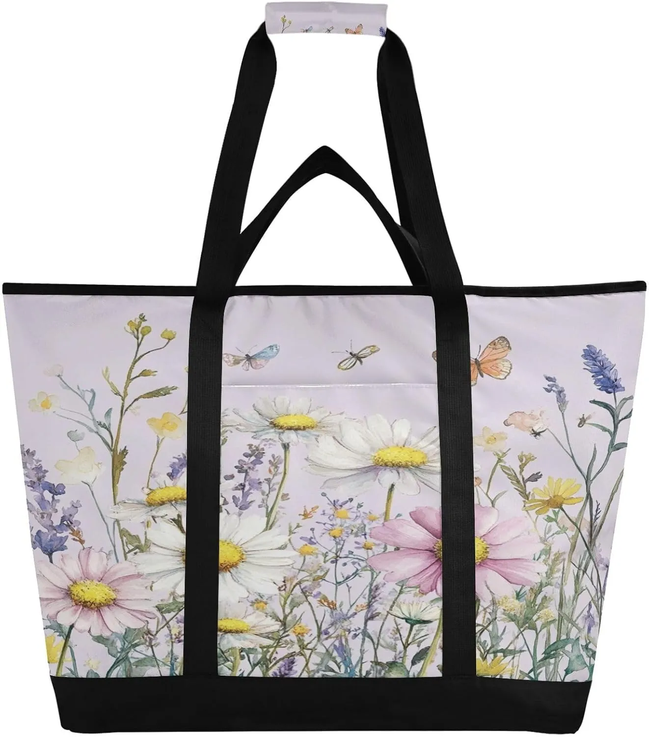 Daisy Butterfly Reusable Insulated Lunchbox Cooler Bag, Leakproof Kitchen Grocery Bag Collapsible Portable Cooler Tote Bag for Picnic, Camping, Office, Travel