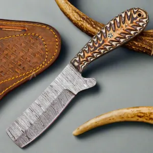 Damascus Cutter Knife with Bone Handle and Sheath