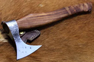 Damascus Depot Tomahawk Axe Bearded Hiking Battle Axe 15 Inches Long Hand Hammered Carbon Steel Axe with Rose Wood Round Handle, Thick Cow Hide Leather Sheath