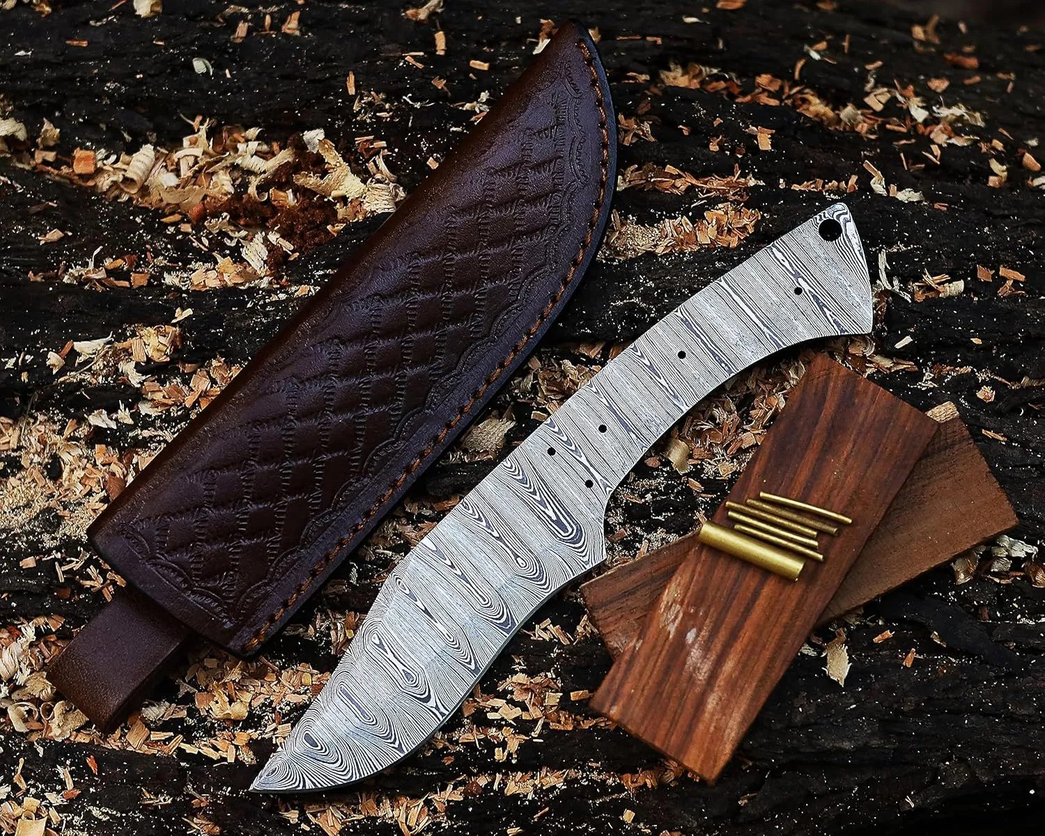 Damascus Knife Making Kit DIY Handmade Knife Kit Includes Knife Blank Knife Steel Blade, Pins, Knife with Sheath, Handle Scales for Knife Making Supplies, Knife Steel (DAMASCUS KIT)