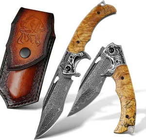 Damascus Steel Folding Knife, 3.6 "Stable Wood Handle, Camping Tactical Outdoor Knife with Clip for EDC, Gift for Husband Dad Ladies and Men
