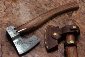 Damascus Steel Tomahawk Axe Bearded Hiking Battle axe17 Inches Long Hand Forged with Rose Wood Round Handle, Large 5" Cutting Edge, Thick Cow Hide Leather Sheath