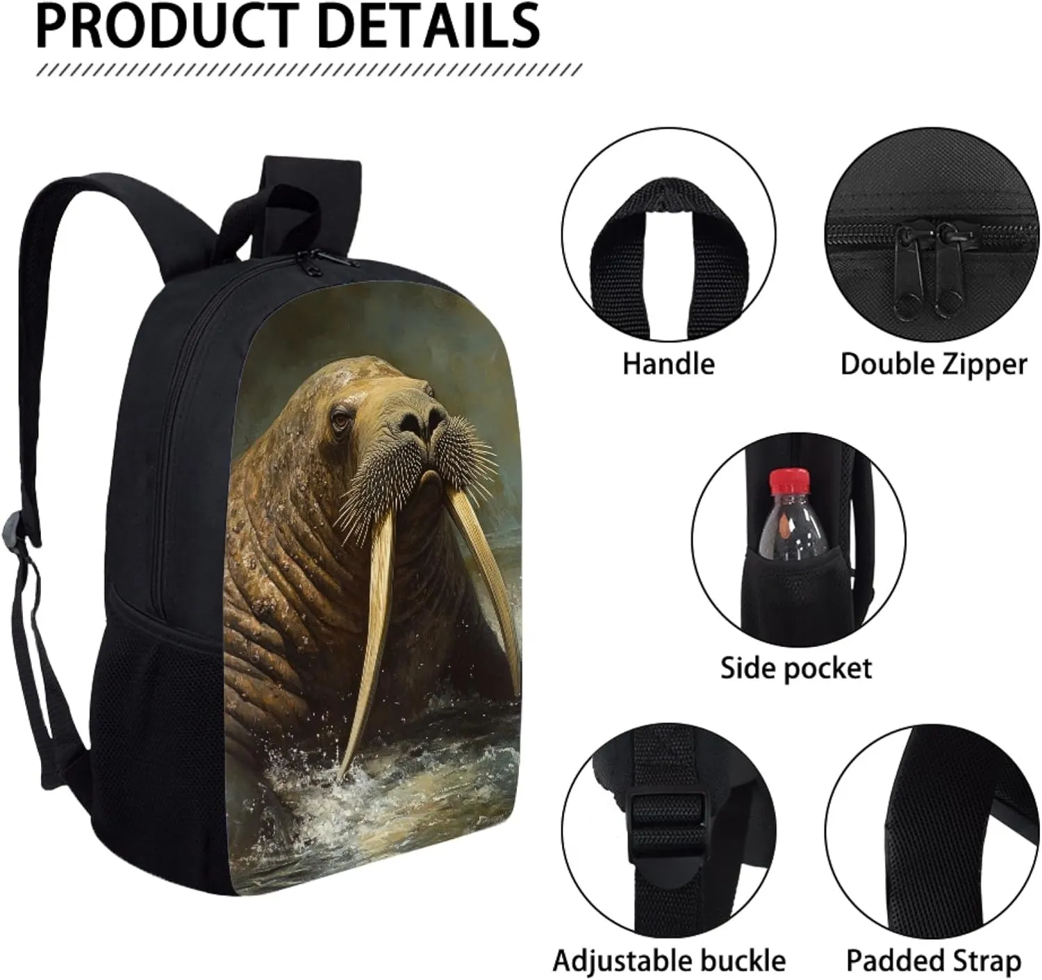 Dellukee Kids School Book Bag Walrus Print Fashion Boys Girls School Bag Cute Large Stylish Lightweight Student Daypack Backpack