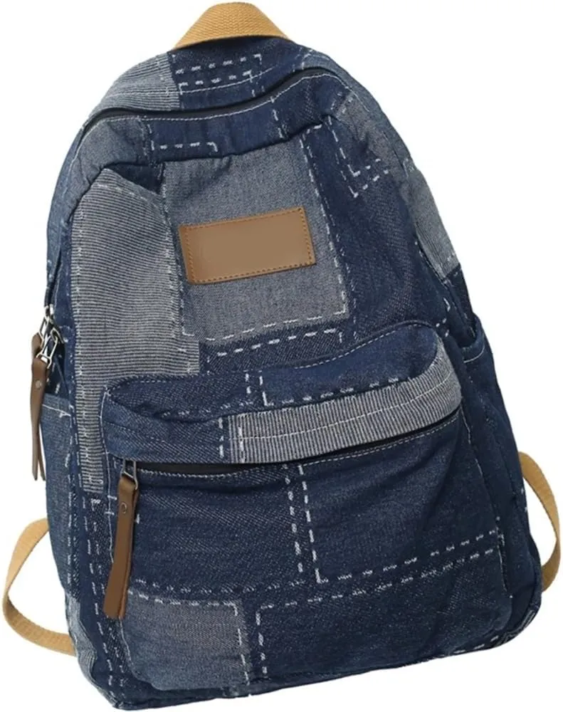 Denims Patched Backpack Large Capacity Casual Daypacks Student School Bag Retro Aesthetic Backpack Travel Bag for Teens