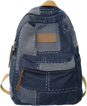 Denims Patched Backpack Large Capacity Casual Daypacks Student School Bag Retro Aesthetic Backpack Travel Bag for Teens