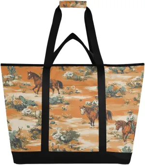 Desert Horseback Riding Large Insulated Tote Bag,Foldable Reusable Grocery Bag Cooler Bag with Cooler Compartment for Grocery, Picnic, Beach, Hiking, Camping, and Outdoor Activities