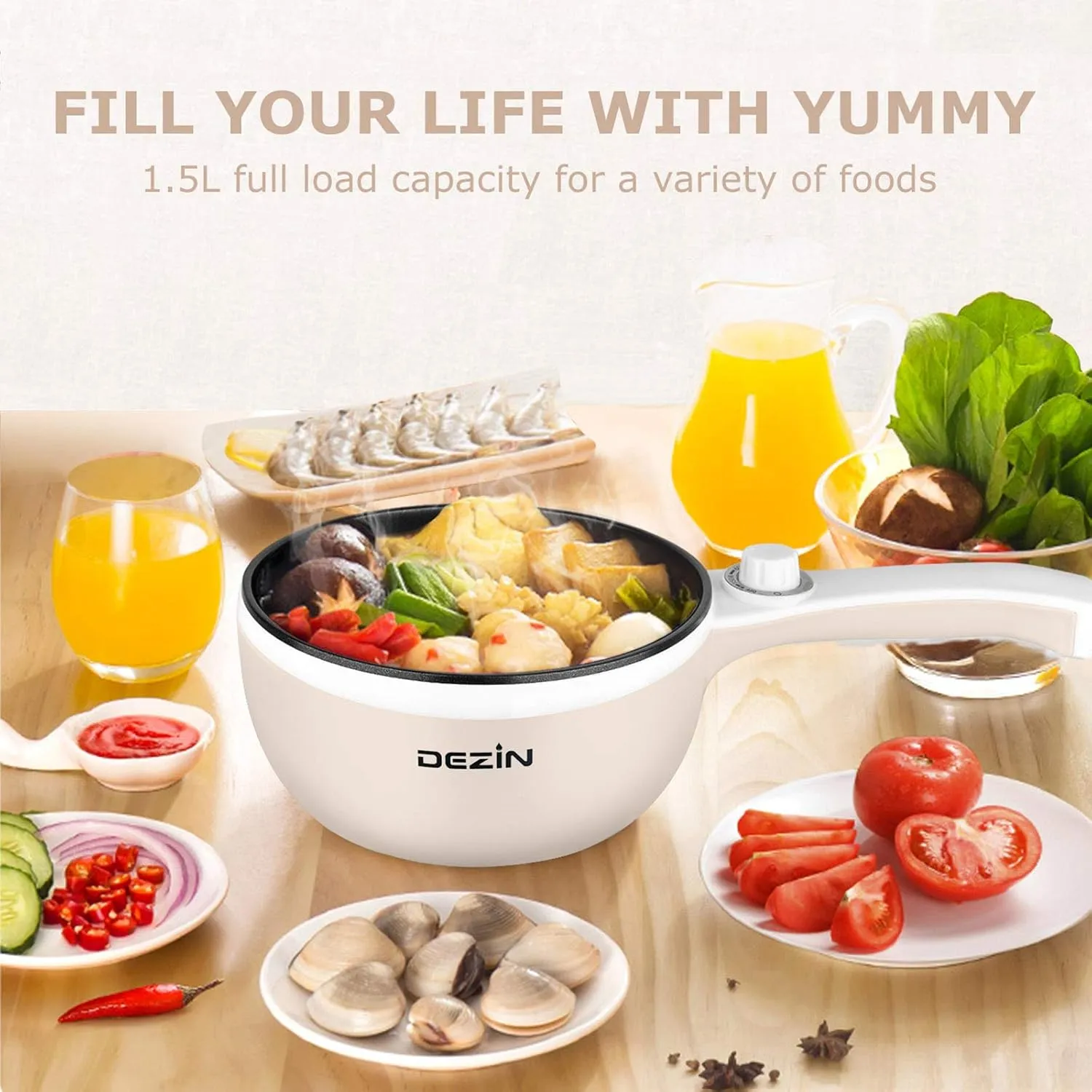 Dezin Hot Pot Electric Upgraded, Non-Stick Sauté Pan, Rapid Noodles Electric Pot, 1.5L Mini Portable Hot Pot for Steak, Egg, Fried Rice, Ramen, Oatmeal, Soup with Power Adjustment