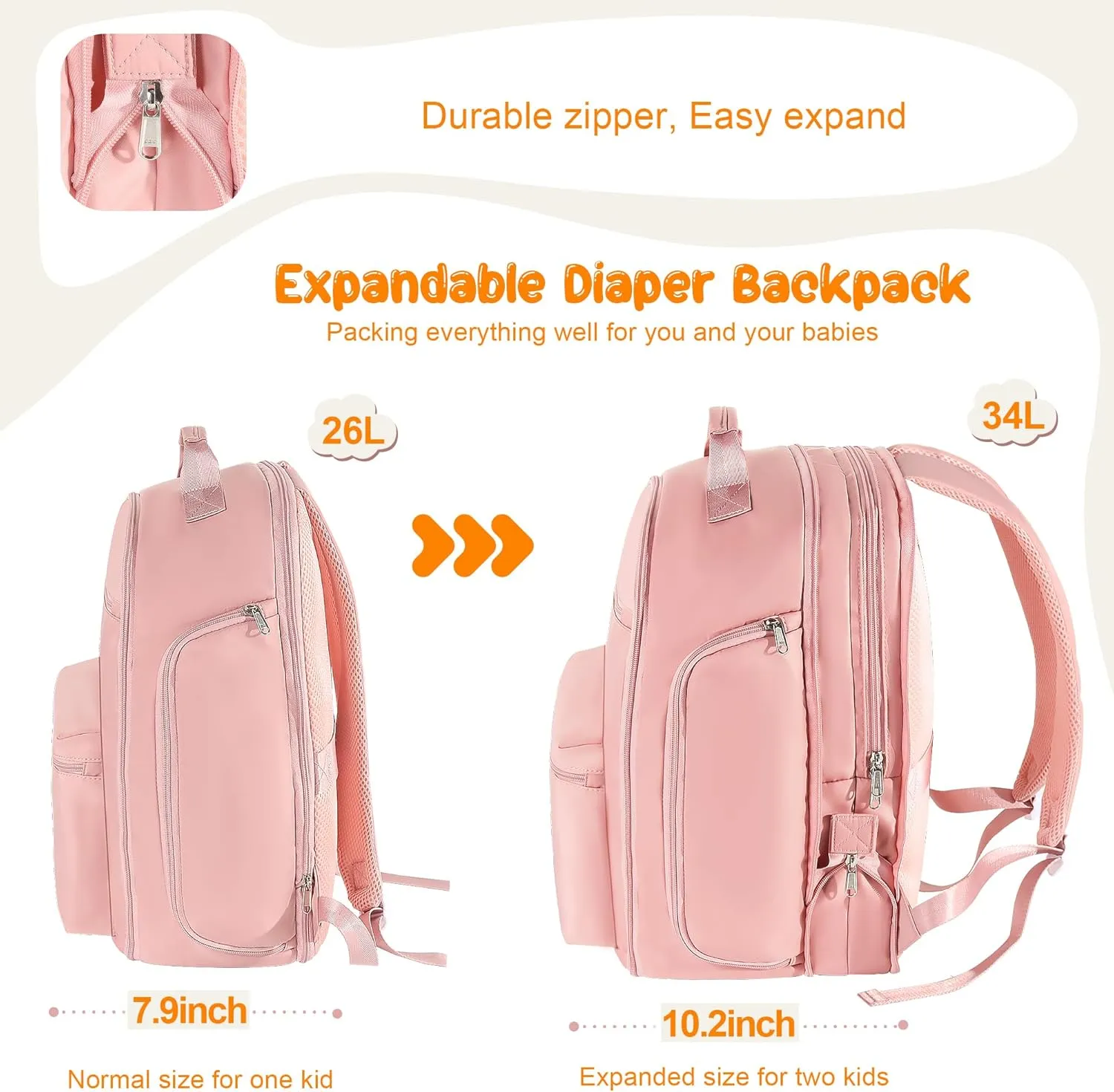 Diaper Bag Backpack with Changing Pad & Waist Pack, Large Diaper Bag Expandable for 2 Kids/Twins, Scientific Partition | Portable Side Access, Lightweight Travel Diaper Backpack for Mom Dad