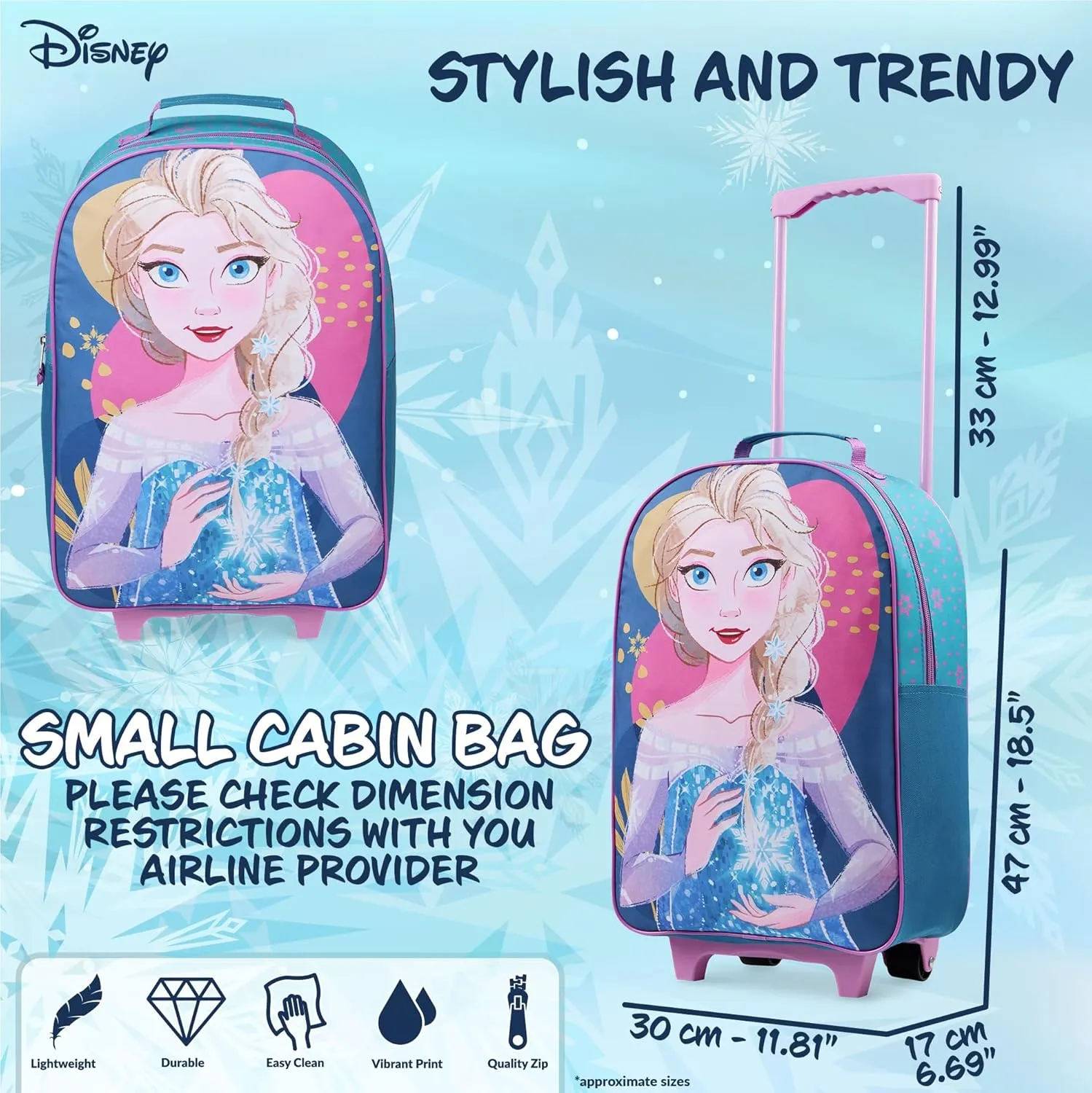 Disney Kids Suitcase - Foldable Trolley Bag 47 x 30cm, 2 Wheels Extendable Handle - Kids Gifts (Blue Elsa)