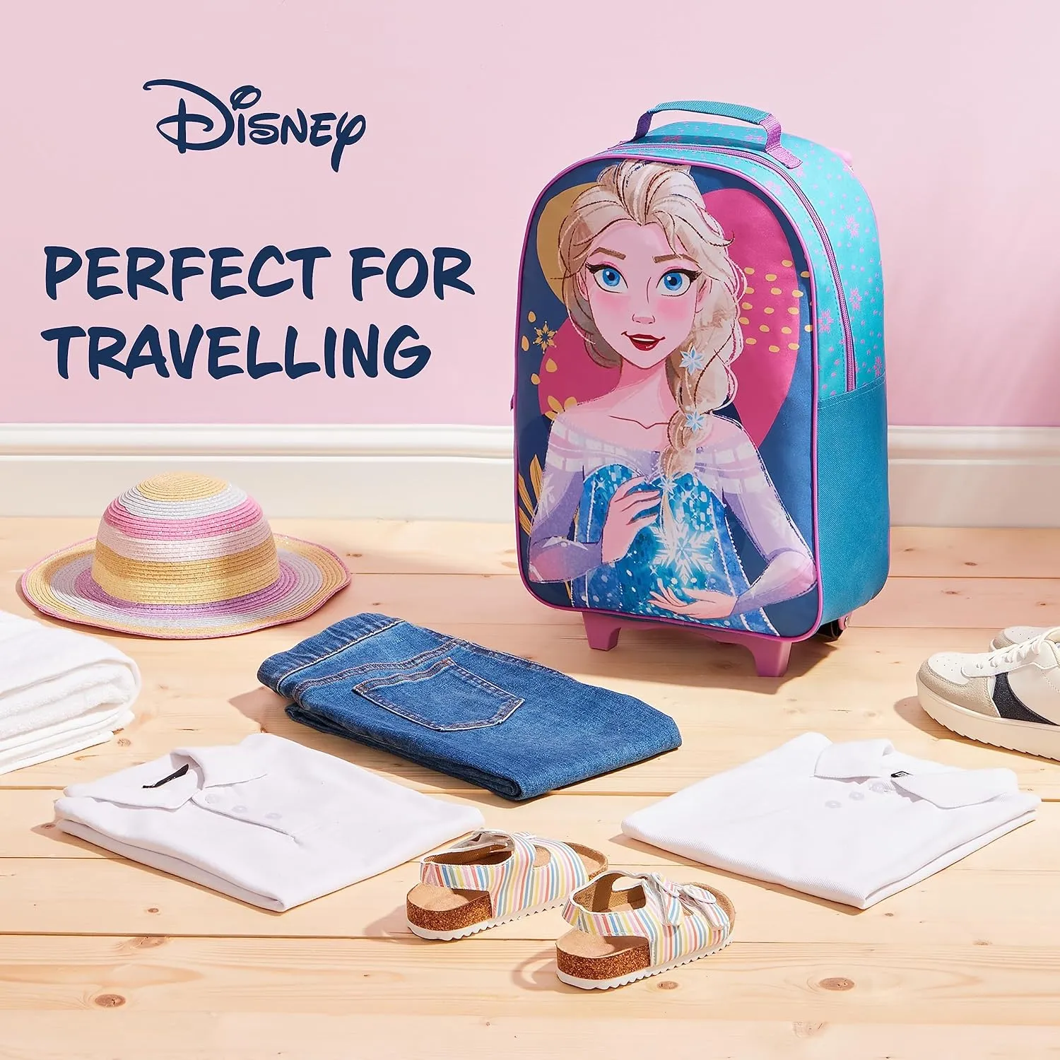 Disney Kids Suitcase - Foldable Trolley Bag 47 x 30cm, 2 Wheels Extendable Handle - Kids Gifts (Blue Elsa)