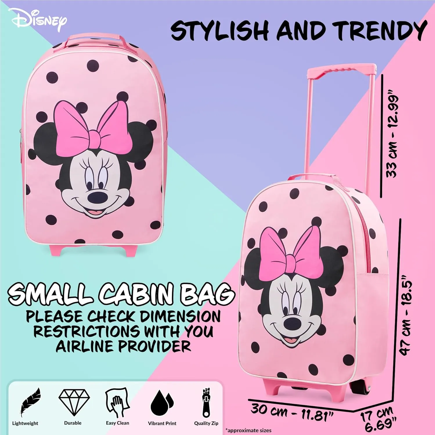 Disney Kids Suitcase - Foldable Trolley Bag 47 x 30cm, 2 Wheels Extendable Handle - Kids Gifts (Pink Minnie)