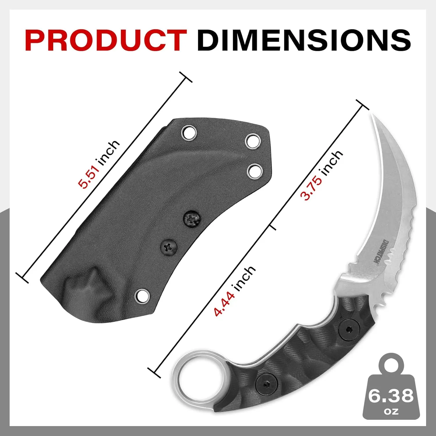 Dispatch Tactical Fixed Blade Knife, 5cr15mov Steel Blade G10 Handle, Full Tang Double Edged Sharp Claw Knife, EDC Utility Knives for Outdoor Survival Hiking Camping with Kydex Sheath