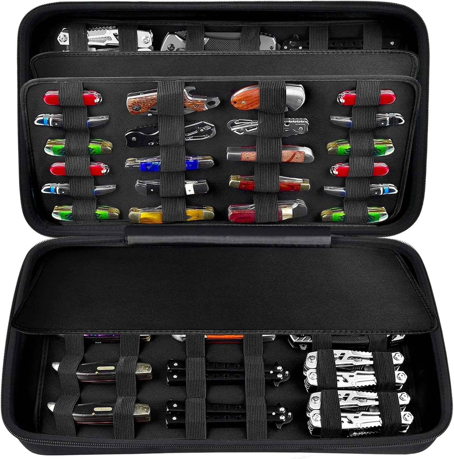 Display Case for 66  Pocket Knives. Folding Knife Holder, Butterfly Knives Storage Organizer, Knives Roll Collection Pouch Carrier Bag for Survival Tactical Outdoor for EDC Mini Knife (Box Only)