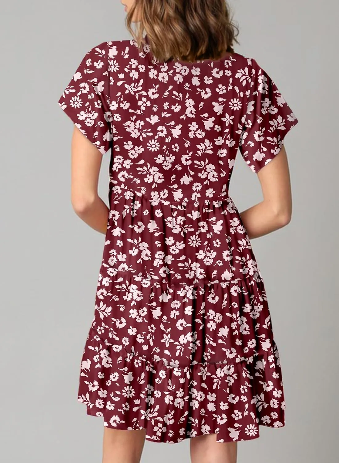 Dokotoo Womens Summer Casual Boho Floral Dresses V Neck Short Sleeve Sundresses Flowy Swing A-Line Mini Dress