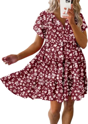 Dokotoo Womens Summer Casual Boho Floral Dresses V Neck Short Sleeve Sundresses Flowy Swing A-Line Mini Dress