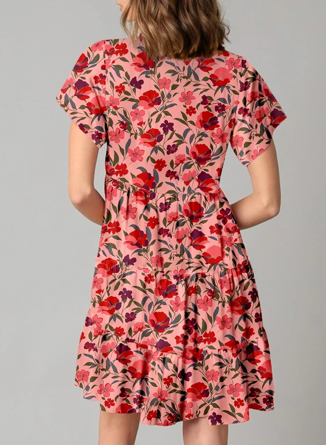 Dokotoo Womens Summer Casual Boho Floral Dresses V Neck Short Sleeve Sundresses Flowy Swing A-Line Mini Dress