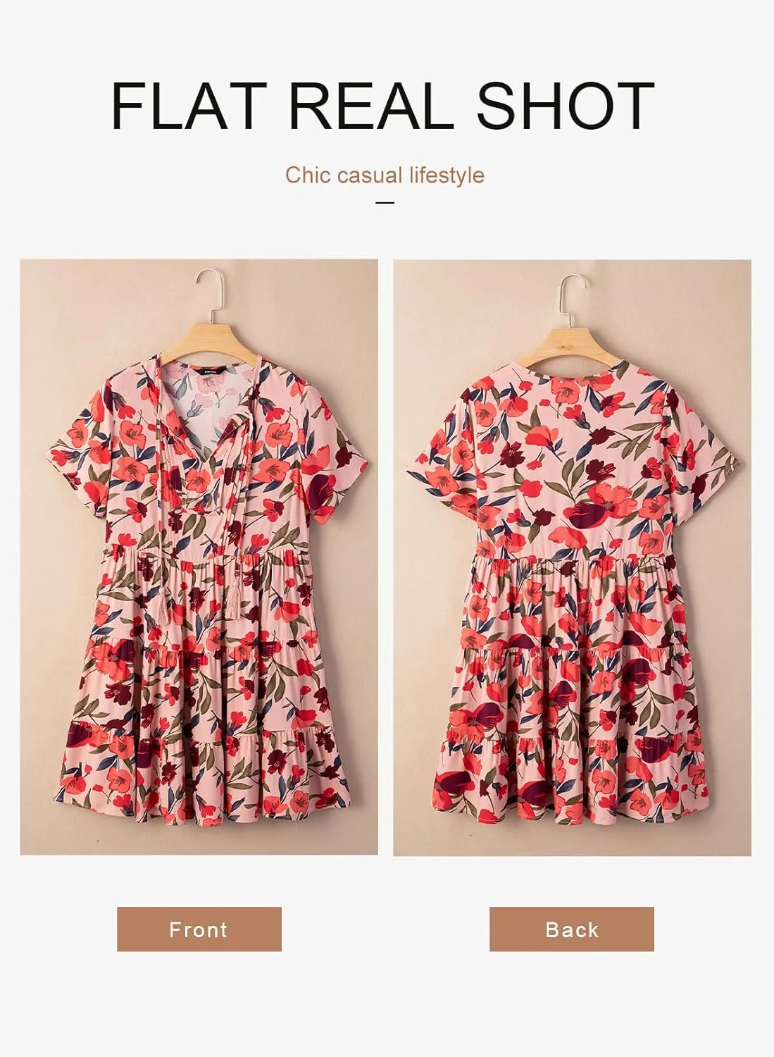Dokotoo Womens Summer Casual Boho Floral Dresses V Neck Short Sleeve Sundresses Flowy Swing A-Line Mini Dress