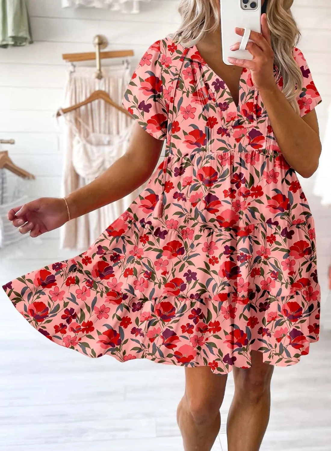 Dokotoo Womens Summer Casual Boho Floral Dresses V Neck Short Sleeve Sundresses Flowy Swing A-Line Mini Dress