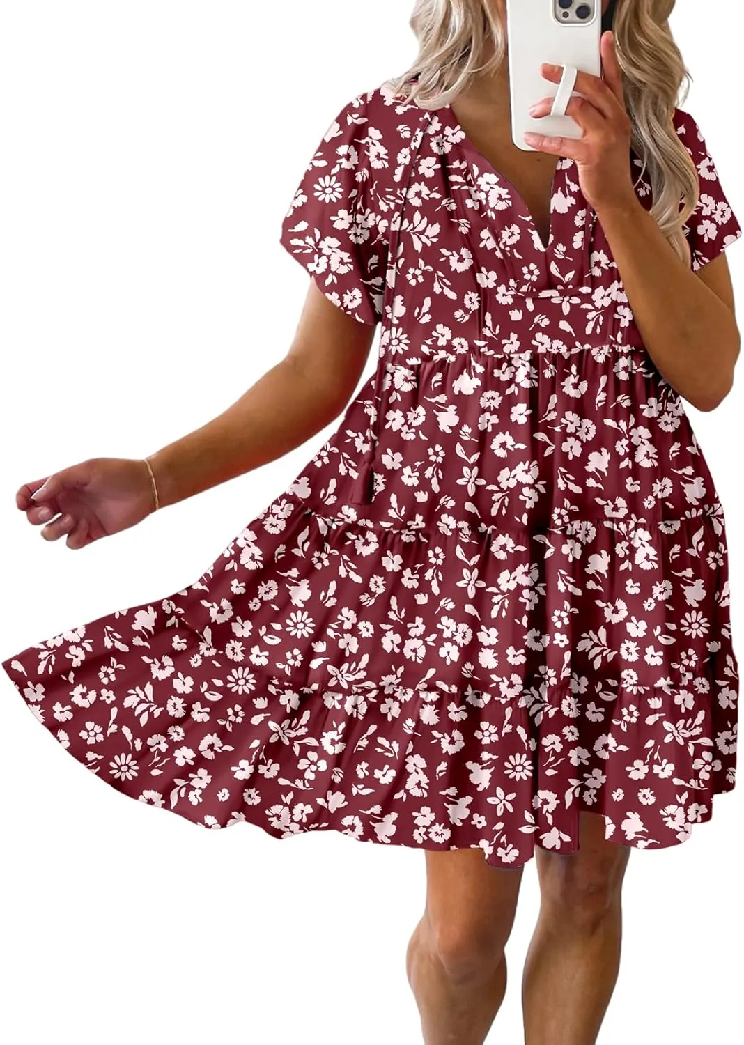 Dokotoo Womens Summer Casual Boho Floral Dresses V Neck Short Sleeve Sundresses Flowy Swing A-Line Mini Dress