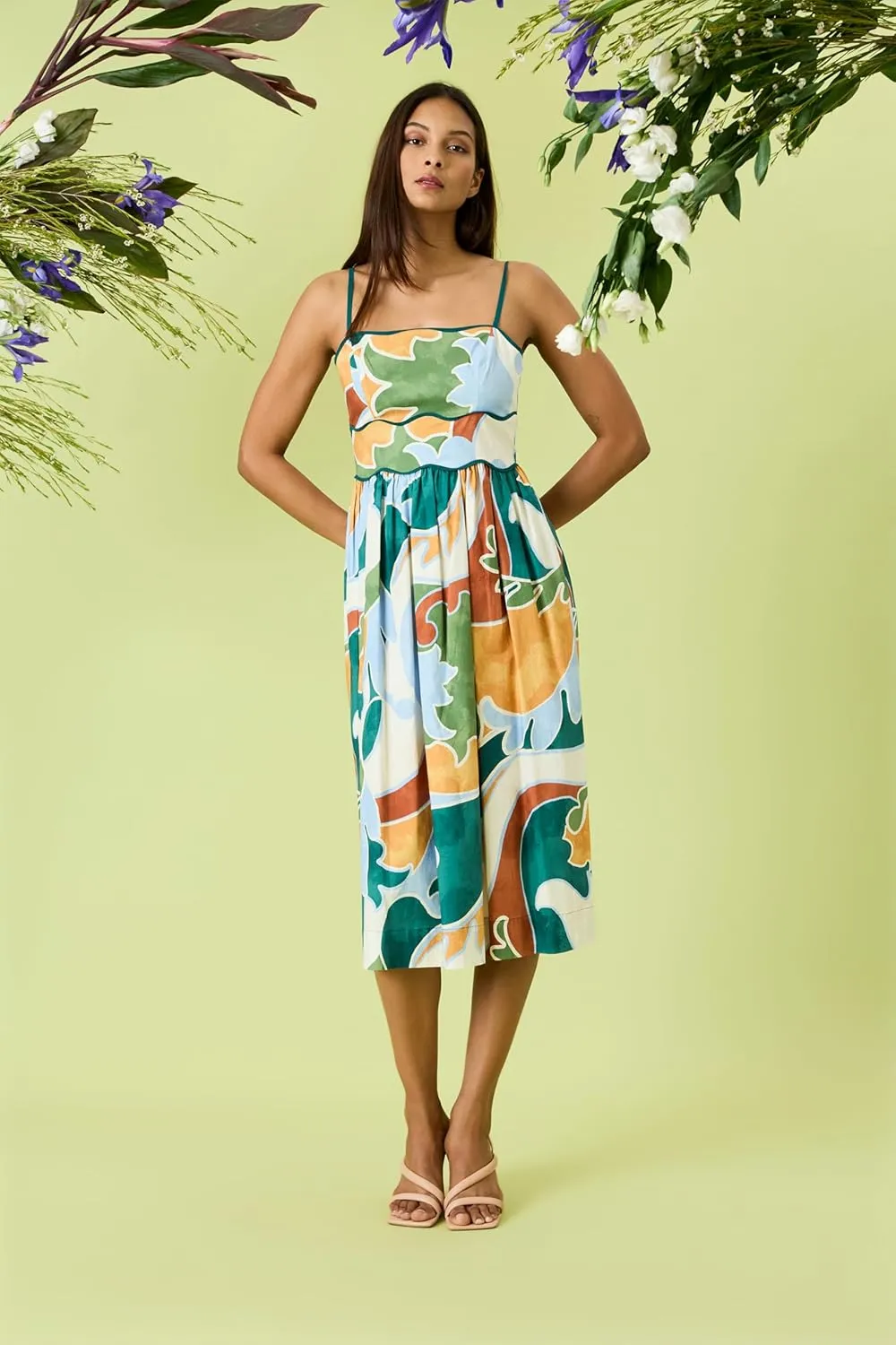 Donna Morgan Women's Square Neck Spaghetti Strap Cotton Poplin Midi Floral Print Summer Wedding Guest a Line Dress