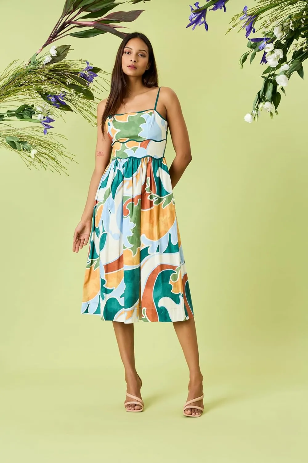 Donna Morgan Women's Square Neck Spaghetti Strap Cotton Poplin Midi Floral Print Summer Wedding Guest a Line Dress