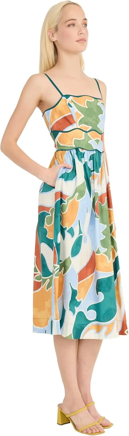 Donna Morgan Women's Square Neck Spaghetti Strap Cotton Poplin Midi Floral Print Summer Wedding Guest a Line Dress