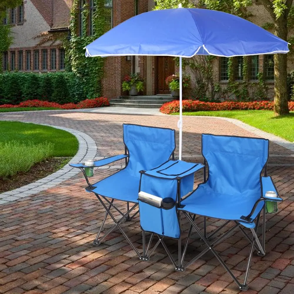 Double Camping Chair with Removable Umbrella,Folding Two-Person Seat Beach Chairs with Cup Holder Cooler Bag,Folding Camping Loveseat Chairs for Sports Lawn Patio Outside (Blue)