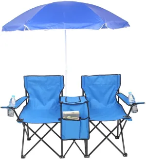 Double Camping Chair with Removable Umbrella,Folding Two-Person Seat Beach Chairs with Cup Holder Cooler Bag,Folding Camping Loveseat Chairs for Sports Lawn Patio Outside (Blue)