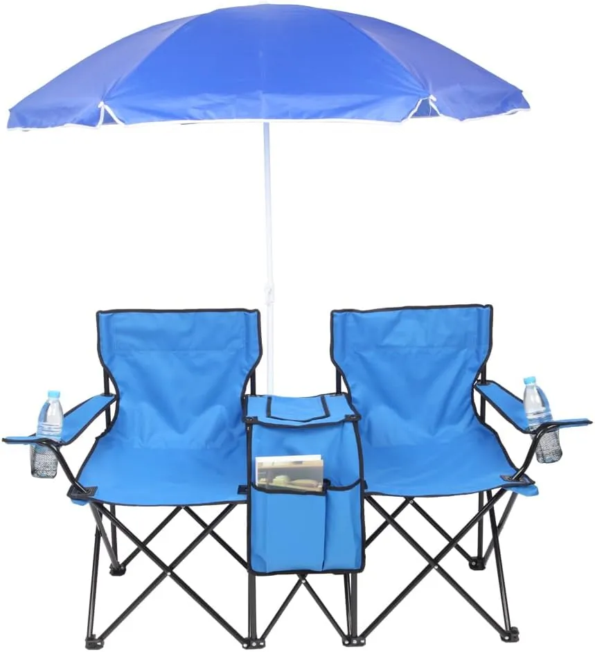 Double Camping Chair with Removable Umbrella,Folding Two-Person Seat Beach Chairs with Cup Holder Cooler Bag,Folding Camping Loveseat Chairs for Sports Lawn Patio Outside (Blue)