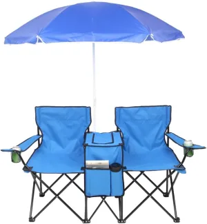 Double Folding Camp and Beach Chair with Removable Umbrella, Cooler and Carrying Bag, Folding Picnic Loveseat for Camping, Picnic, Fishing, Beach, Park Outdoor (Blue)