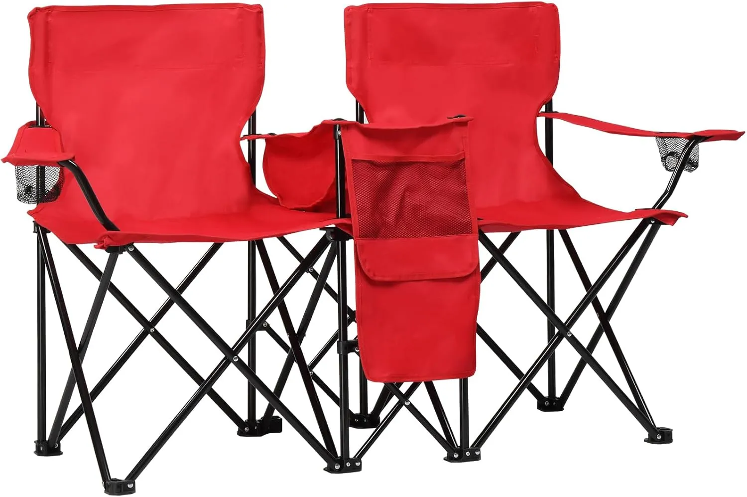 Double Folding Camping Chair W/Umbrella Fold Up Table Beverage Holder Carrying Bag Cooler for Patio Pool Park Outdoor Beach, Picnic, Portable (Red)