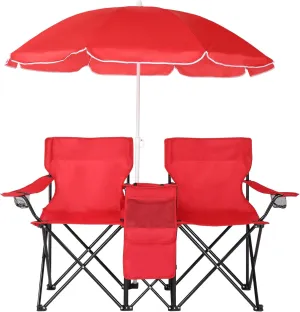 Double Folding Camping Chair W/Umbrella Fold Up Table Beverage Holder Carrying Bag Cooler for Patio Pool Park Outdoor Beach, Picnic, Portable (Red)