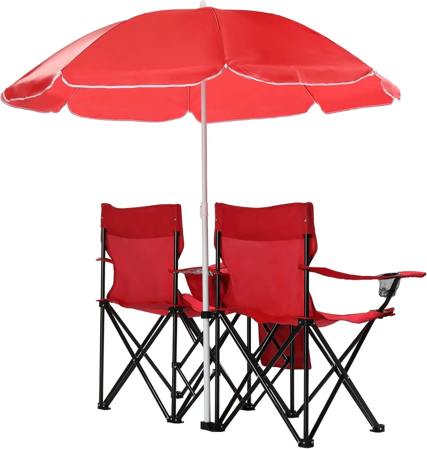 Double Folding Camping Chair W/Umbrella Fold Up Table Beverage Holder Carrying Bag Cooler for Patio Pool Park Outdoor Beach, Picnic, Portable (Red)