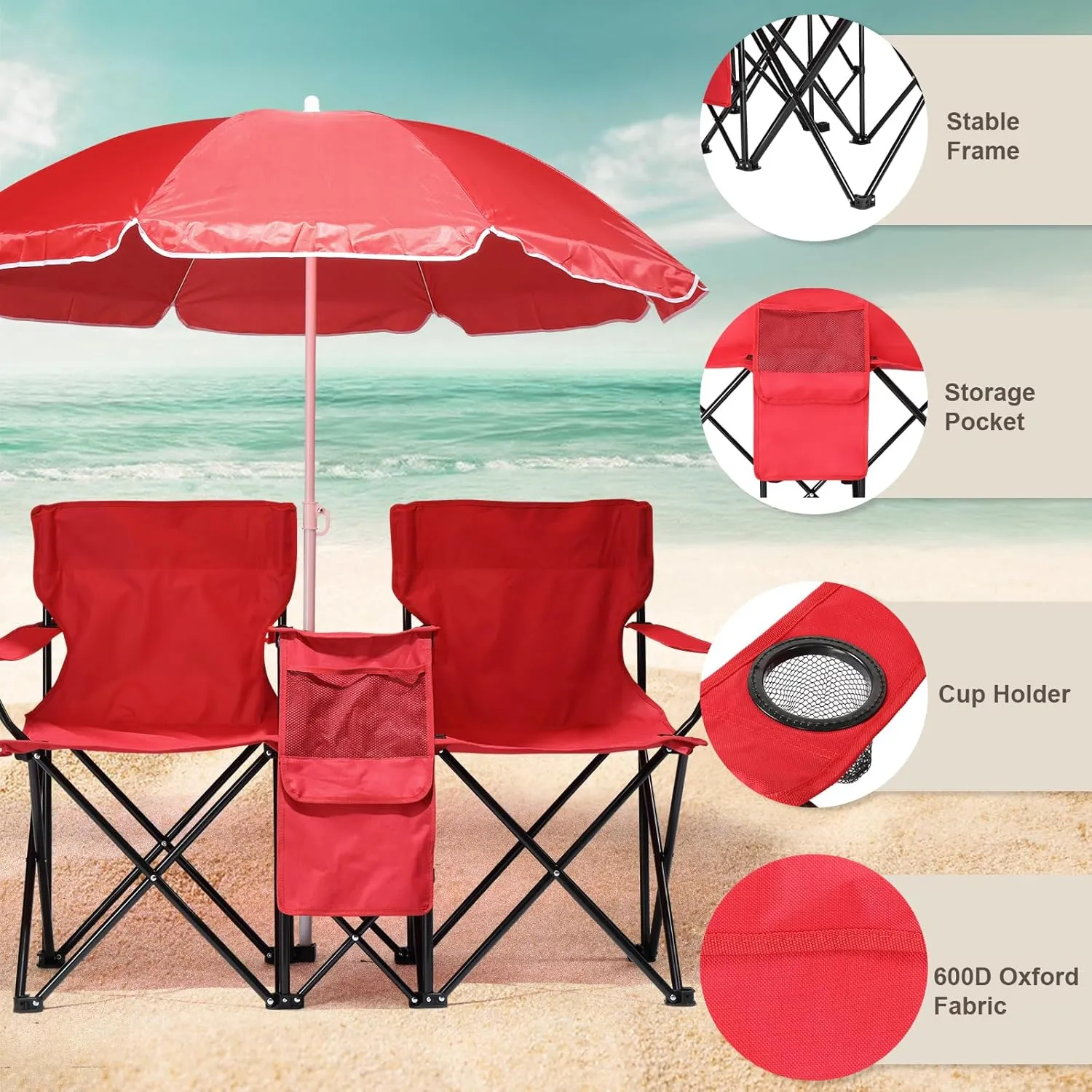 Double Folding Camping Chair W/Umbrella Fold Up Table Beverage Holder Carrying Bag Cooler for Patio Pool Park Outdoor Beach, Picnic, Portable (Red)