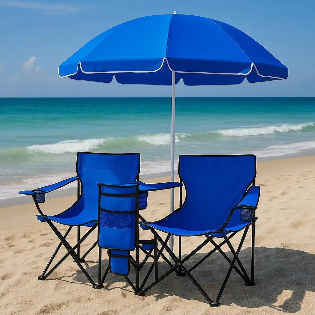 Double Folding Camping Chairs with Umbrella and Cooler Bag, Portable Picnic Chair Set with Cup Holders, Outdoor Beach Patio Chair for 2 Adults, Blue