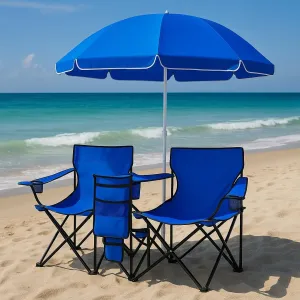 Double Folding Camping Chairs with Umbrella and Cooler Bag, Portable Picnic Chair Set with Cup Holders, Outdoor Beach Patio Chair for 2 Adults, Blue