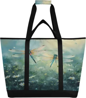 Dragonflies Reusable Insulated Cooler Bag with Ice Pack Compartment - Large 47L Waterproof Thermal Grocery Tote for Picnic Beach Camping Lunch Storage
