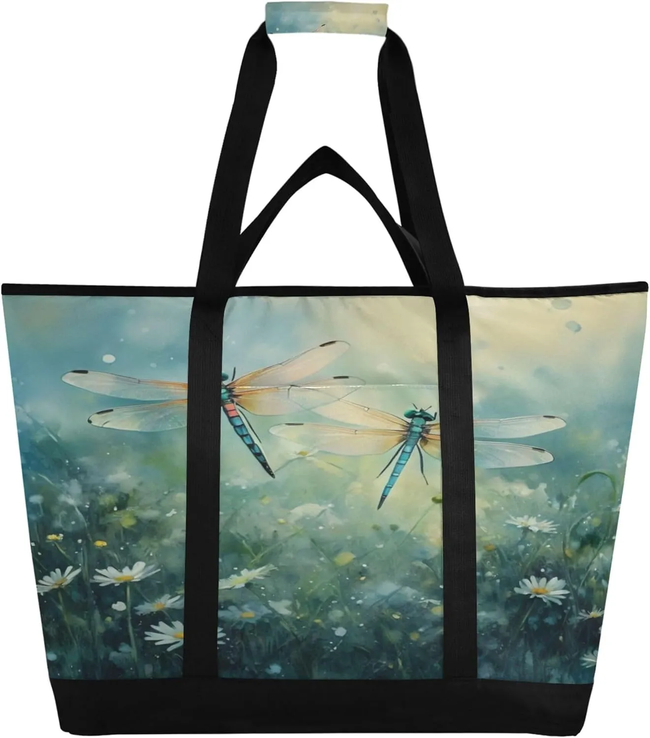 Dragonflies Reusable Insulated Cooler Bag with Ice Pack Compartment - Large 47L Waterproof Thermal Grocery Tote for Picnic Beach Camping Lunch Storage