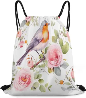 Drawstring Backpack Bag,Watercolor Floral Robin Bird Print Drawstring Backpacks,Sports Gym Backpack with Mesh Pocket String Bag for Women Men