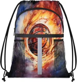Drawstring Backpack String Bag with Side Pocket Sports Gym Soccer Cinch Sackpack for Women Men Small Beach Workout Storage for Swimming Gear Colorful Starry Basketball Fire Backpack