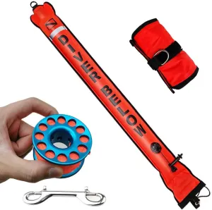 DSMB 4ft Surface Marker Buoy with 100ft Finger Spool Reel Diver Below Signal Flag Tube Scuba Diving Equipment Open Bottom Set (4ft) Orange