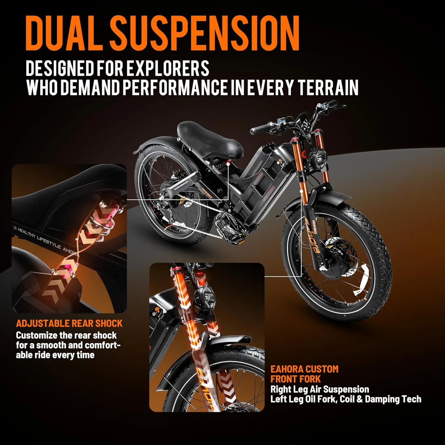 eAhora Romeo Pro Ⅲ 5000W Electric Bike for Adults 50Mph, 60V 80Ah Battery up to 250Miles,Long Range Dual Motors Ebike,26"*4.0 Fat Tire Full Suspension Off-Road Mountain E-Bike for Men,UL 2849