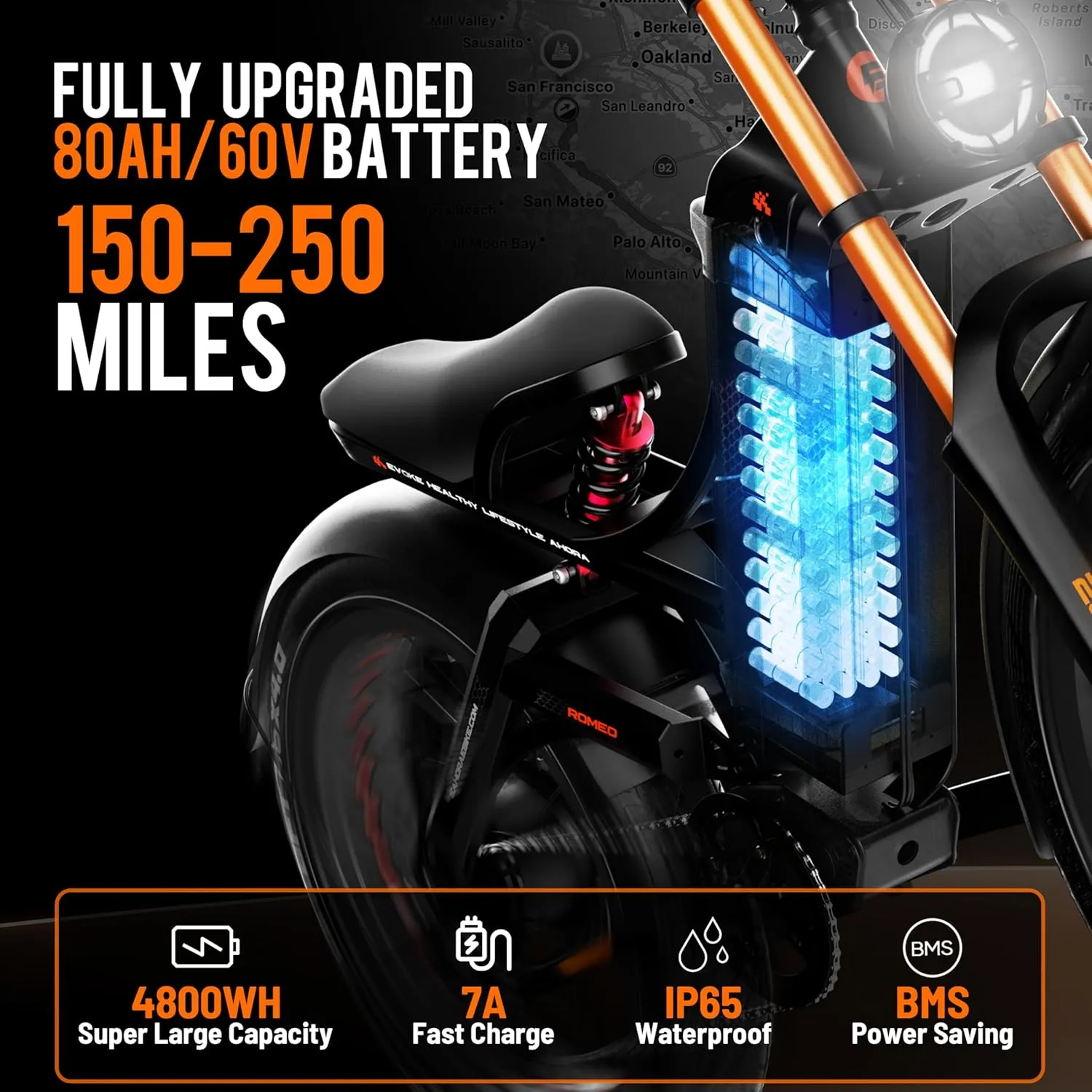 eAhora Romeo Pro Ⅲ 5000W Electric Bike for Adults 50Mph, 60V 80Ah Battery up to 250Miles,Long Range Dual Motors Ebike,26"*4.0 Fat Tire Full Suspension Off-Road Mountain E-Bike for Men,UL 2849