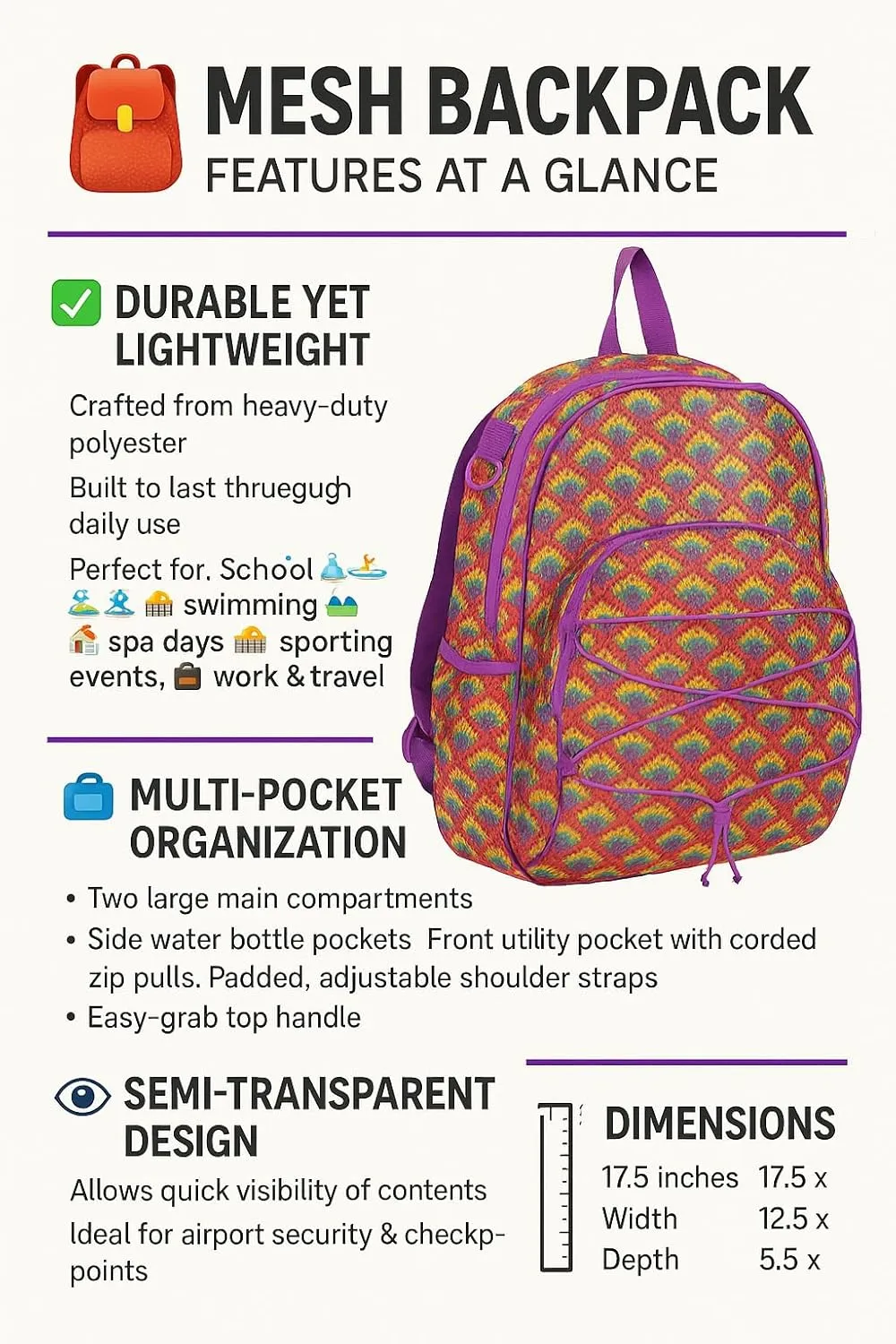 Eastsport Mesh Active Backpack Lightweight Bungee See Through for Travel, College, Swim, Gym Bag with Adjustable Padded Shoulder Straps, Purple Rainbows